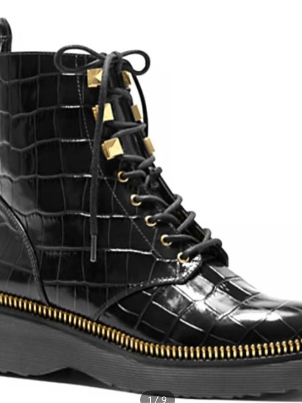 Michael Kors Haskell Black Croc-Embossed Lace-Up Ankle Boot with Gold Trim 6.5